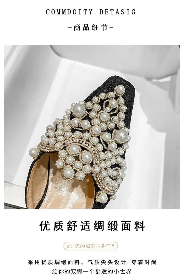 LBSFY -Pearl Half Slippers Women Shoe Autumn Rhinestone Chunky Mid Heel Slipper Sandals Fashion Muller Casual Versatile Single Shoes