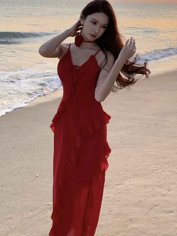 LBSFY -Women French Style Elegant Vintage Red Ruffles Party Dresses Slim A-Line V-Neck Wedding Evening Dress Spring Summer New 2025