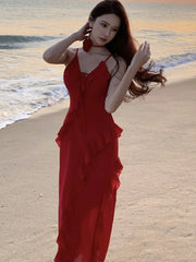 LBSFY -Women French Style Elegant Vintage Red Ruffles Party Dresses Slim A-Line V-Neck Wedding Evening Dress Spring Summer New 2025