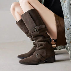 LBSFY -New Square Heels Knee High Boots Women Pointed Toe Runway Shoes Woman Suede Leather Metal Buckle Long Western Cowboy Boots Woman