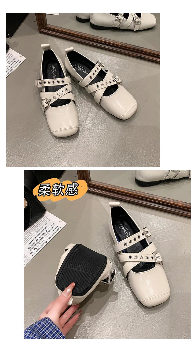 LBSFY -Designer Spring Women Mary Jane Shoes Fashion Square Toe Ladies Comfort Soft Sole Flats Women's Belt buckle Ballerinas Shoes