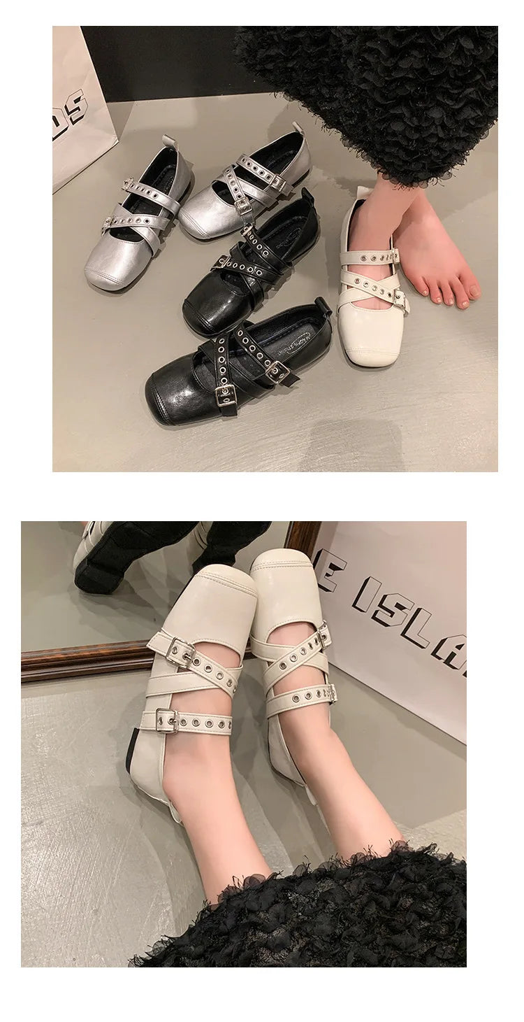 LBSFY -Designer Spring Women Mary Jane Shoes Fashion Square Toe Ladies Comfort Soft Sole Flats Women's Belt buckle Ballerinas Shoes