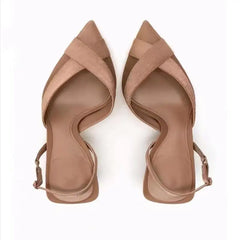 LBSFY  -  Fashion Thin Heels Sandals Women's Brown Cross 2024 Pointed Toe Shallow Office Low-heel Pumps Slingbacks Temperament Mule Shoes