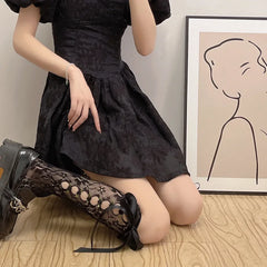 Lbsfy Cute Gothic Style Ruffles Hollow Bow JK Lolita Stockings Women Sexy Lace Mesh White Black Fishnet Knee High Long Socks Lingerie