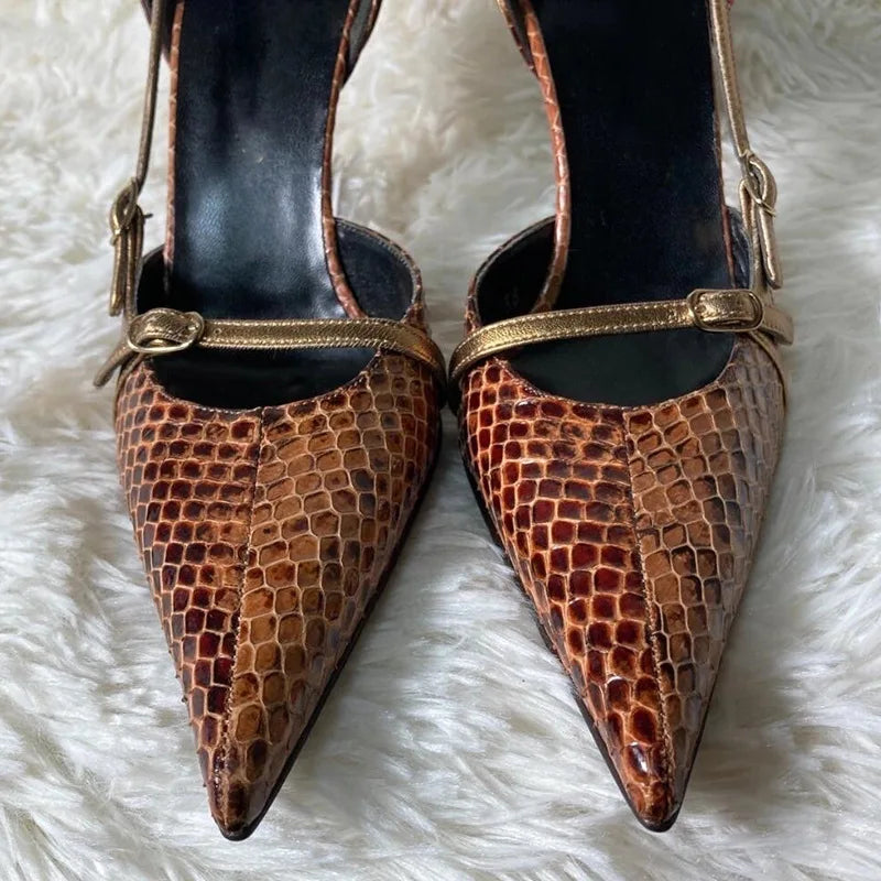 LBSFY  -  Small and niche design pointed thin heel snake skin pattern high heels for women  retro spicy girl belt buckle hollow sandals