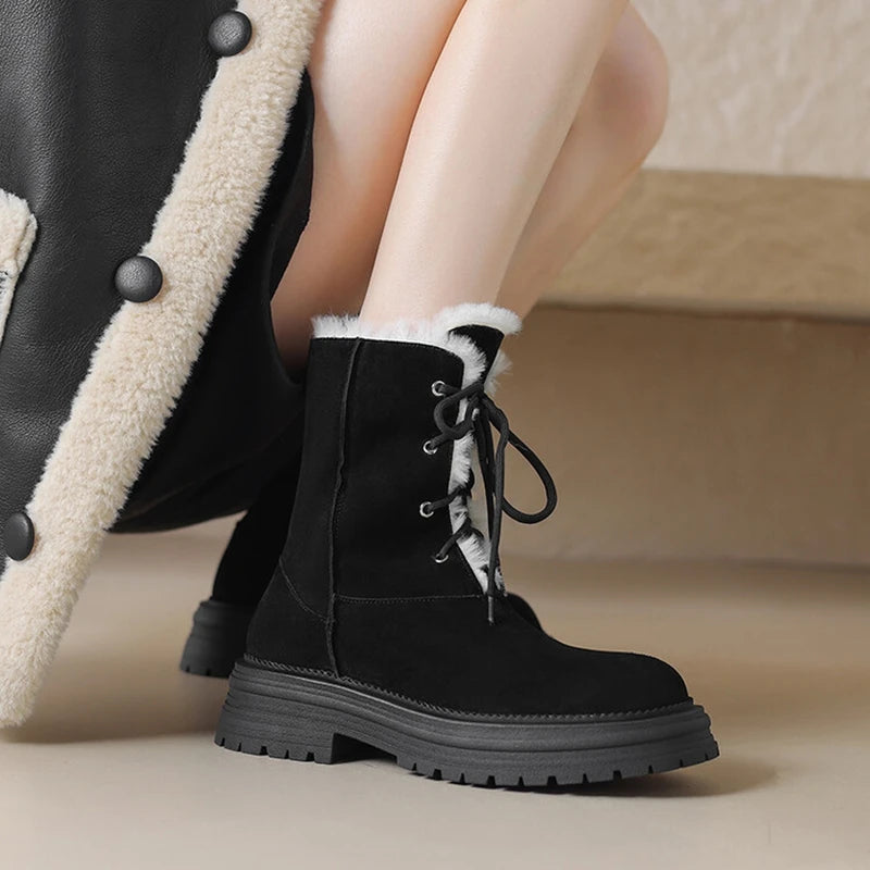 LBSFY  -  NEW Winter Women Boots Cow Suede Leather Shoes for Women Round Toe Thick Heel Shoes Lace-up Platform Short Boots Wool Snow Boots