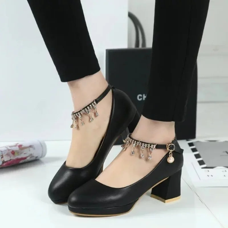 LBSFY -Women Elegant 6cm High Heels Lady Fashion Crystal Ankle Strap Thick Heeled Pumps Autumn 2024 Wedding Bridal Luxury Party Shoes
