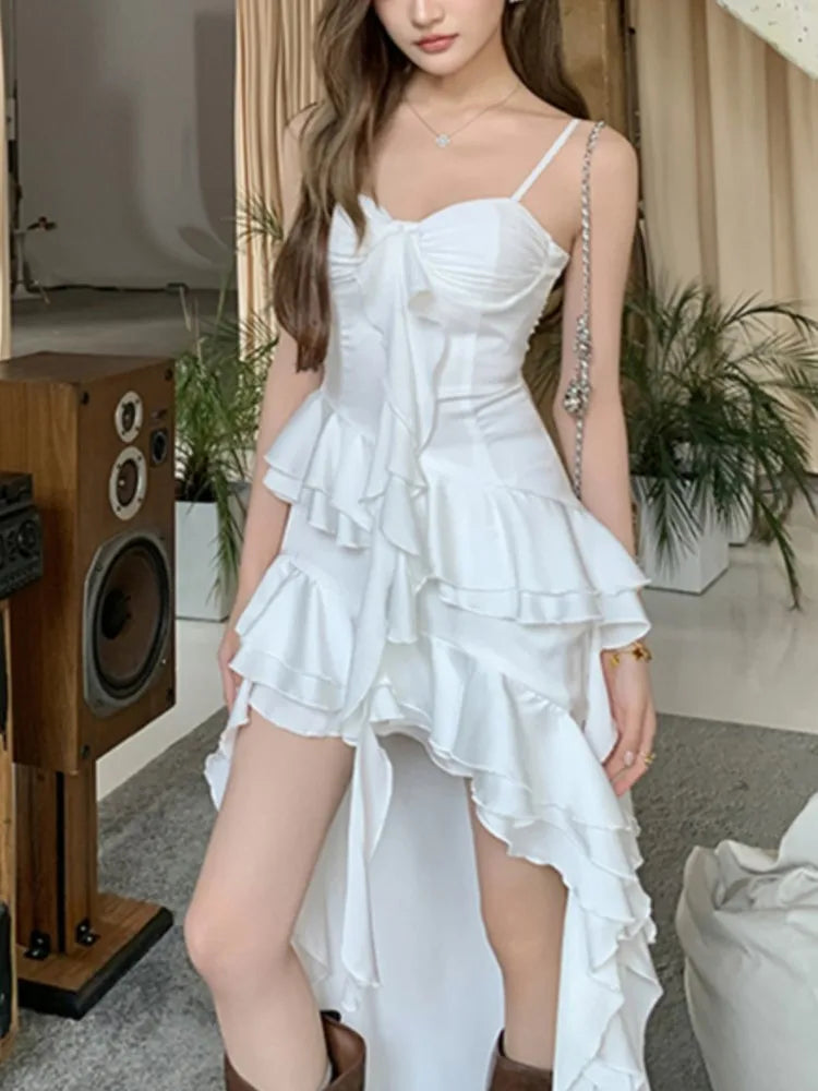 LBSFY -Backless Sexy Elegant Women Slip Dresses Summer New Fashion White Ruffles Asymmetrical Vacation Party Club Split Long Dress