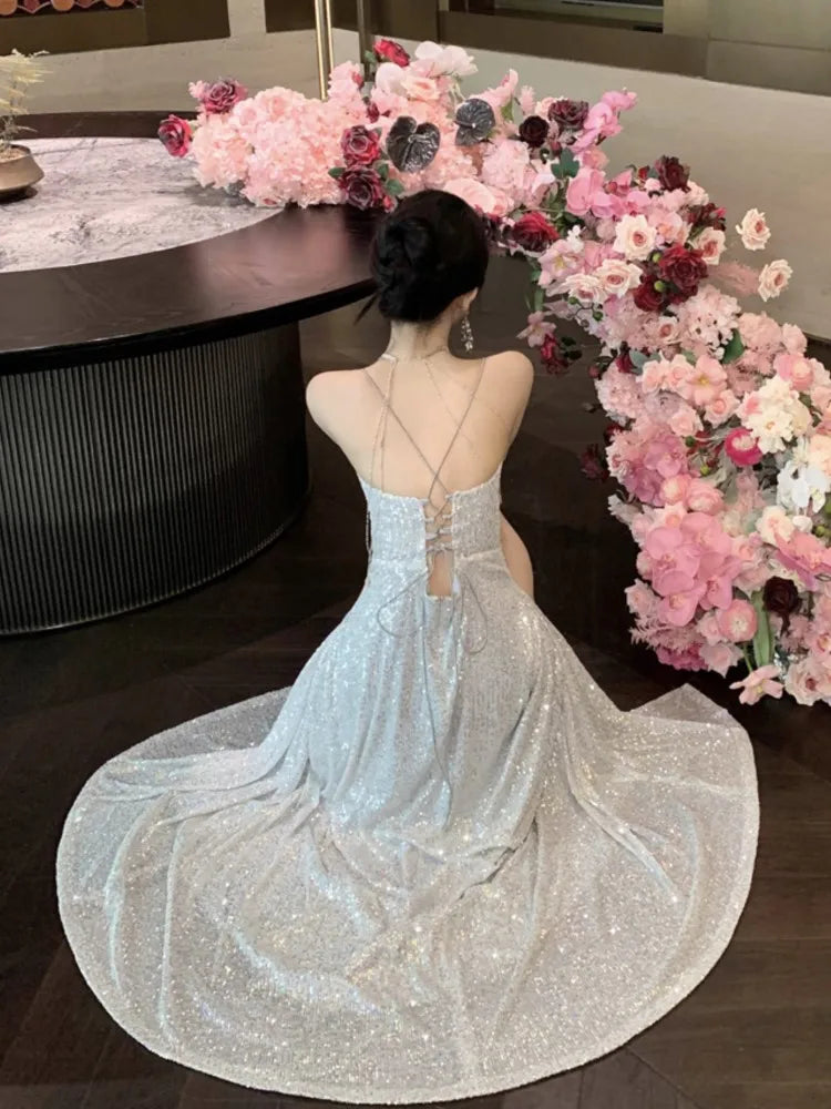 LBSFY -Elegant Backless V-Neck Split Party Dress Sexy Slim Luxury Gown Evening Dresses Fashion Robe Birthday Party Autumn Spring New