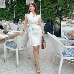 LBSFY -Fashion Simple Slim Fit Blended Short Dress Elegant Solid Color Lapel Summer Dress With Belt Dresses Bouble Breasted Dress