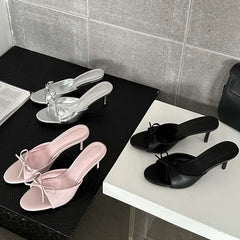 LBSFY -Summer Pink Butterfly-knot Woman Slippers Elegance Stripper Thin Low Heels Ladies Mules Slides Shoes
