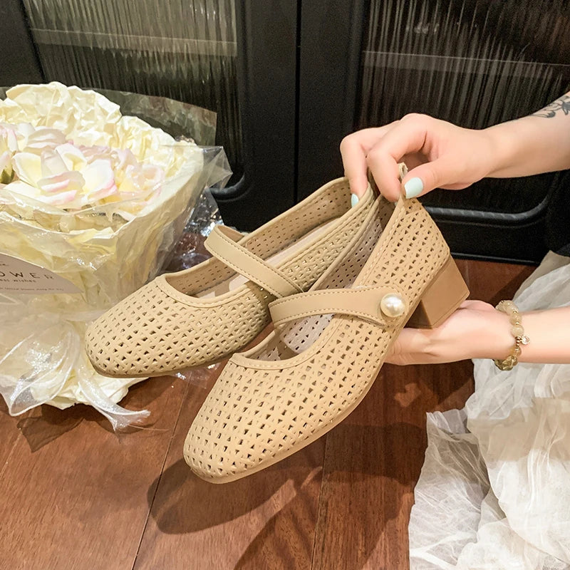 LBSFY -Spring/Summer New Style Fashionable Women's One Word Buckle Mary Janes Round Head Flat Women's Mesh Ballet Shoes Zapatos Mujer