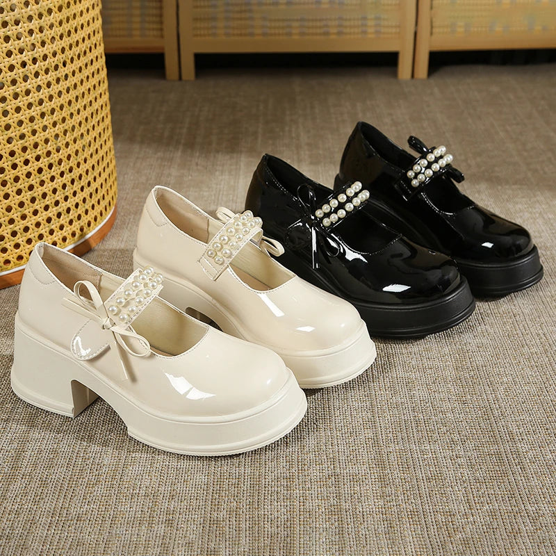 LBSFY -Vintage High Heels Mary Jane Shoes for Women 2025 Patent Leather Platform Pumps Woman Pearls Thick-Heeled Shoes Female