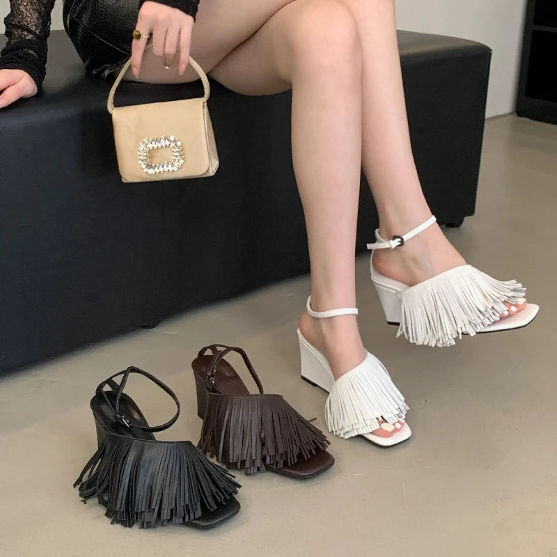Lbsfy Tassels Designer Wedge Sandals Women Open Toe Summer New 2025 Ankle Strap High Heels Female Fashion Dress Shoes Women Pumps