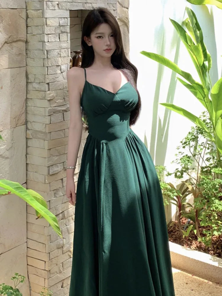 LBSFY -Women's Sexy Backless Elegant Dresses V-Neck Sleeveless Slim Waist Lace Up Strap Long Dress Summer Prom Female Clothes Outfits