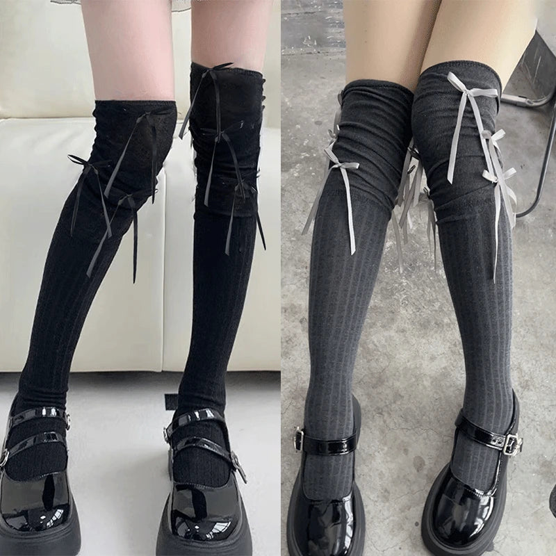 Lbsfy Lolita Long Socks Women Bandage Ribbon Bow Sweet Girls Kawaii Cute Middle Tube Socks Ballet Style Solid Color Black White Socks