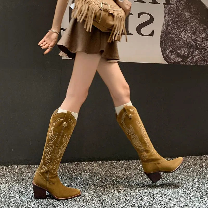LBSFY  -  Ins New Cow Suede Knee High Boots Women Embroidery Block High Heels Western Boots Brown Black Ladies Shoes Size 40