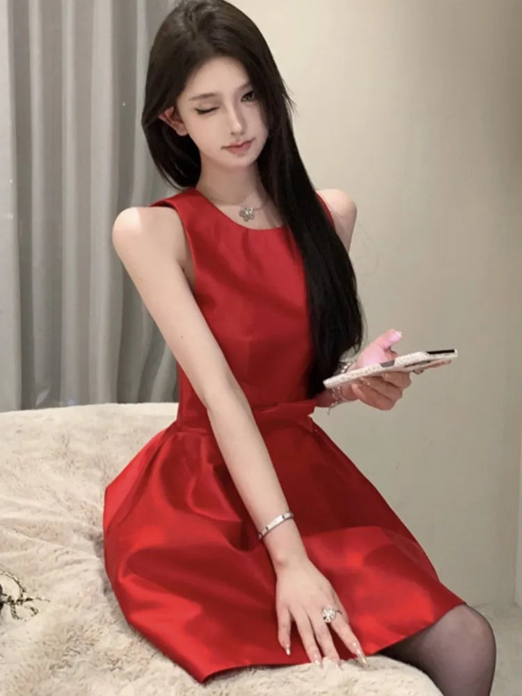 LBSFY -Sweet Satin Mini Dress for Women Korean Sleeveless Princess Birthday Party Short Dresses Summer Spring Solid A-Line Vestidos New