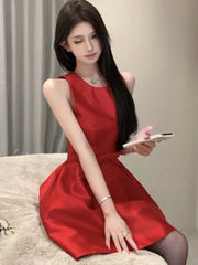 LBSFY -Sweet Satin Mini Dress for Women Korean Sleeveless Princess Birthday Party Short Dresses Summer Spring Solid A-Line Vestidos New