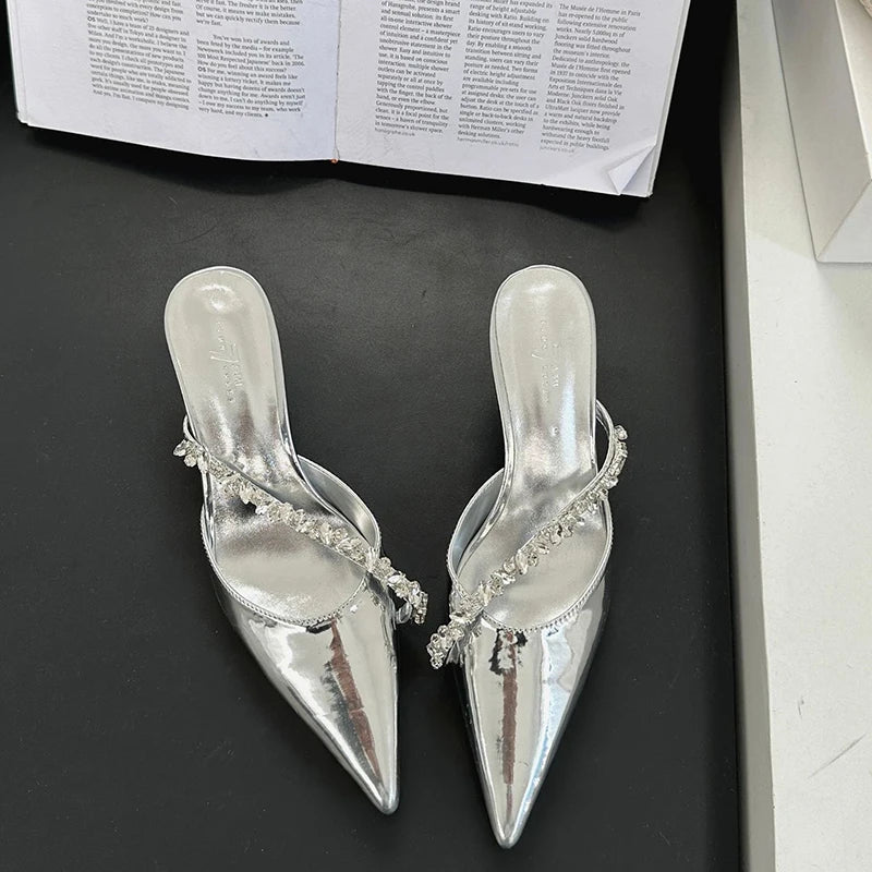 LBSFY  Summer Women's Fashion Crystal Mules Slippers Elegant Cover Toe Dress Slides Ladies Dancing Party High Heel Shoes