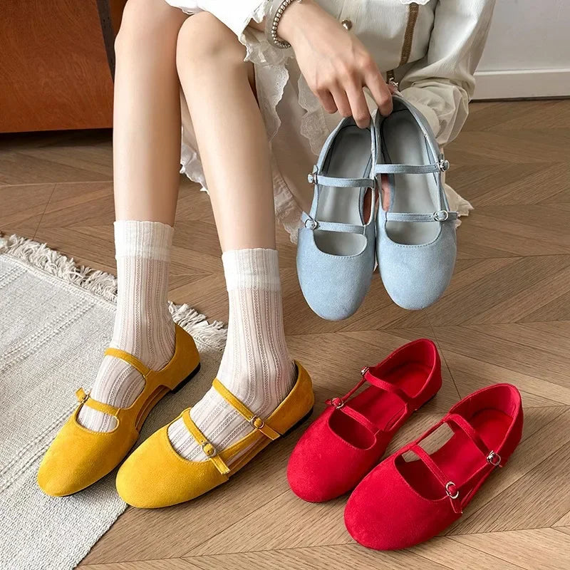 LBSFY -Mary Jane Flat Shoes Women's Casual Footwear Side Open Airy Leather Mid Heel Summer Rubber Sole Adult Footwear Grid Inner