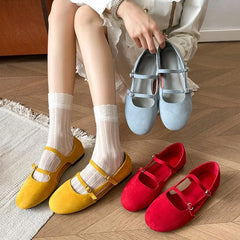 LBSFY -Mary Jane Flat Shoes Women's Casual Footwear Side Open Airy Leather Mid Heel Summer Rubber Sole Adult Footwear Grid Inner