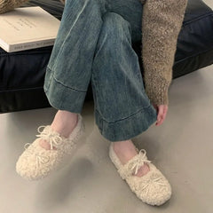 LBSFY -New Style Fashion Women's Shearling Ballet Flats with Strap Warm Rabbit Fur Plush Lined Crystal Buckle Mary Jane Flat Shoes