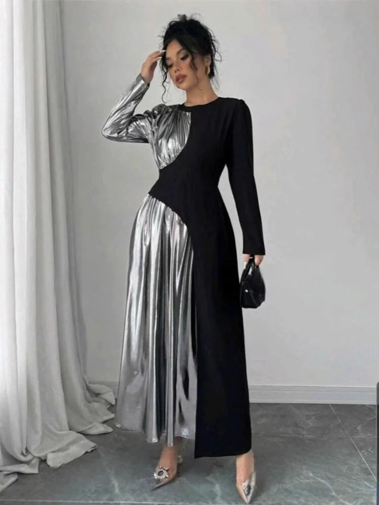 LBSFY  -  Women's Fashion Metallic Color Patchwork Maxi Dress Chic O-neck Long Sleeve Slim High Waist Vestido 2024 Female New Party Robes