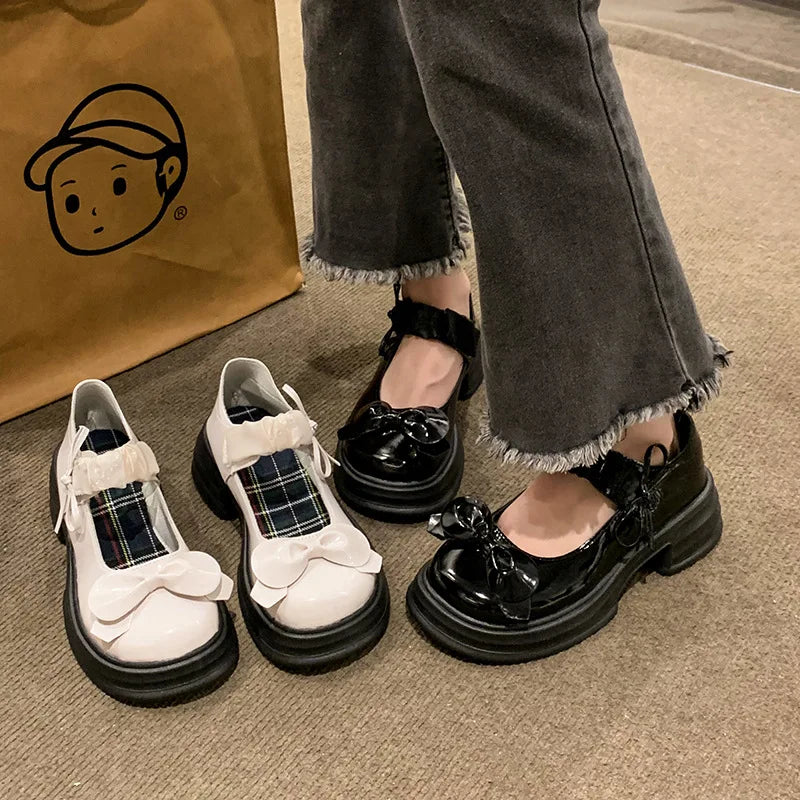 LBSFY -Luxury Platform Women Single Lolita Shoes Autumn Patent Leather Ankle Bow Mary Jane Shoes Woman Loafers Topsiders Ballerinas
