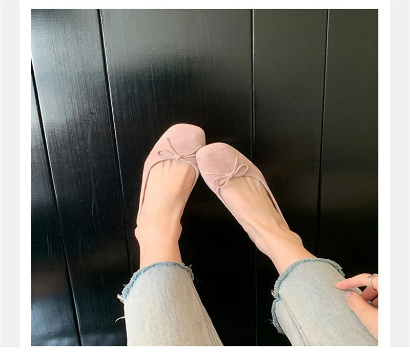 LBSFY -Fashion Design Silk Ballerinas Women Pumps Slip On Loafers Round Toe Square Heels Bowknot Casual Spring Autumn Shoes