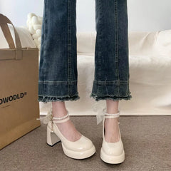 LBSFY -Mary Jane Shoes Women's Spring New Ultra-high Heel Pearl Chain with Platform Block Heel Wedding Shoes Lolita Shoes