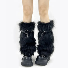 Lbsfy Punk Cross Strap Fur Leg Warmers PU Belt Thickened Imitation Rabbit Women Leggings Boots Cover Lolita Harajuku Party Accessories