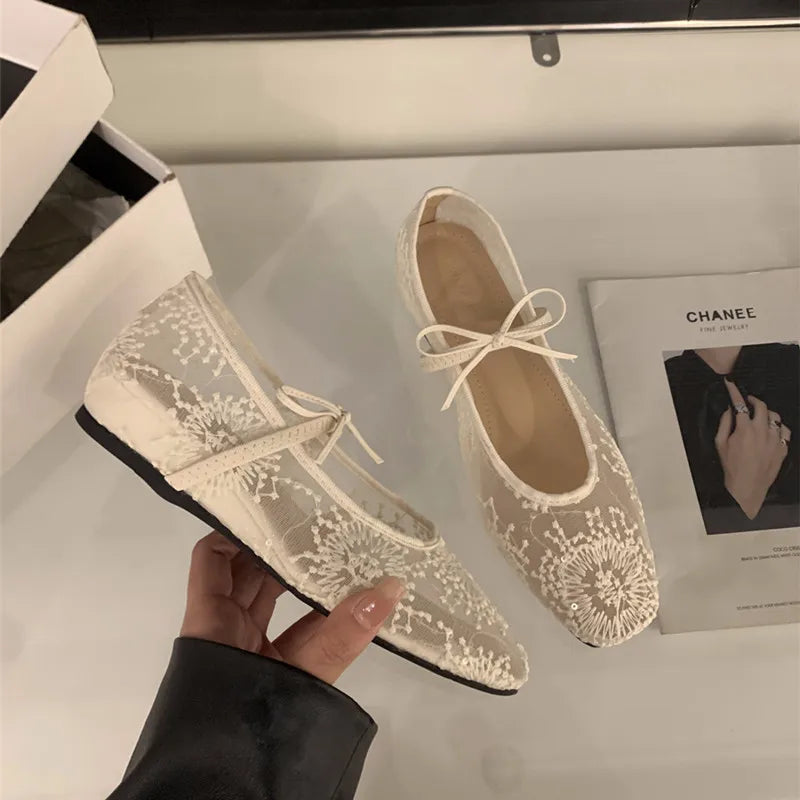 LBSFY  -Brand Women Flats Fashion Mesh Flat Shoes Ladies Elegant Mary Jane Shoes Soft Sole Outdoor Dress Ballerinas Shoes