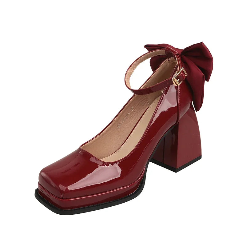 LBSFY  -  Square Toe Bow Mary Janes Shoes Women High Heels Lolita Shoes New Spring 2024 Pumps Fashion Party Zapatos Elegant Female Chunky