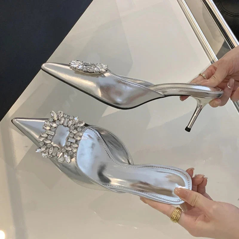 LBSFY - Fashion Crystal Thin Heels Mules Women Slippers Elegant Pointed Toe Banquet Party Prom Ladies Shoes