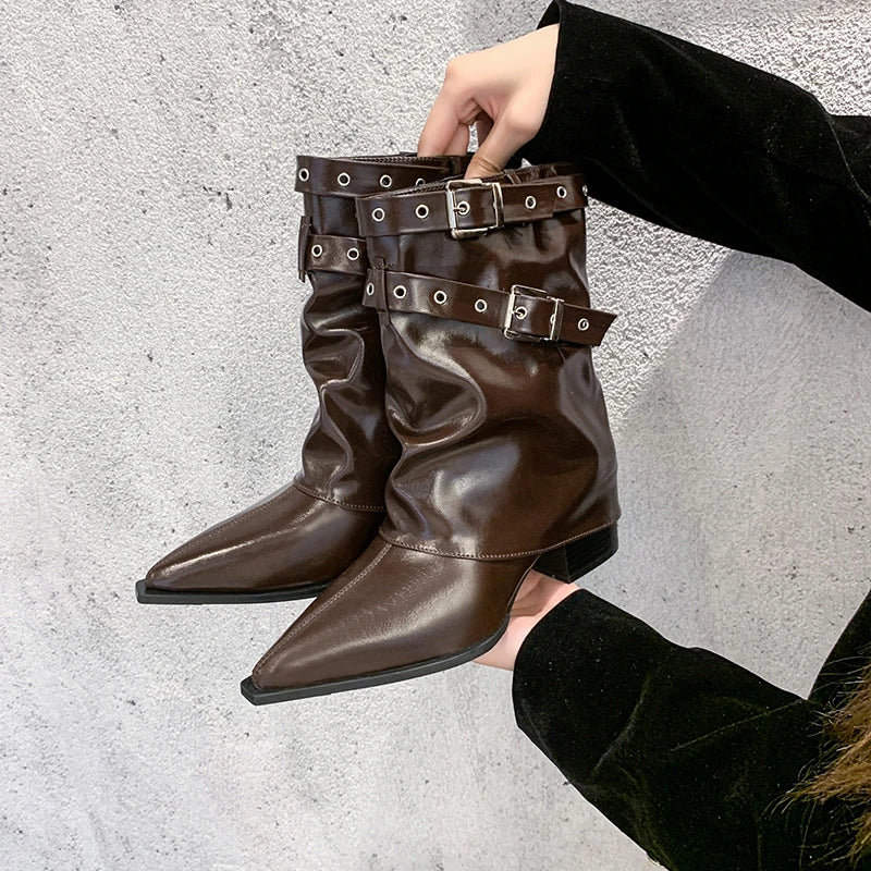 LBSFY -Autumn Vintage Thick Heel Women Western Cowgirl Boots Fashion Belt Buckle Ladies Elegant Slip on Mordern Mid Calf Booties