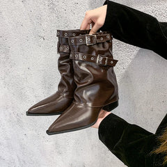 LBSFY -Autumn Vintage Thick Heel Women Western Cowgirl Boots Fashion Belt Buckle Ladies Elegant Slip on Mordern Mid Calf Booties