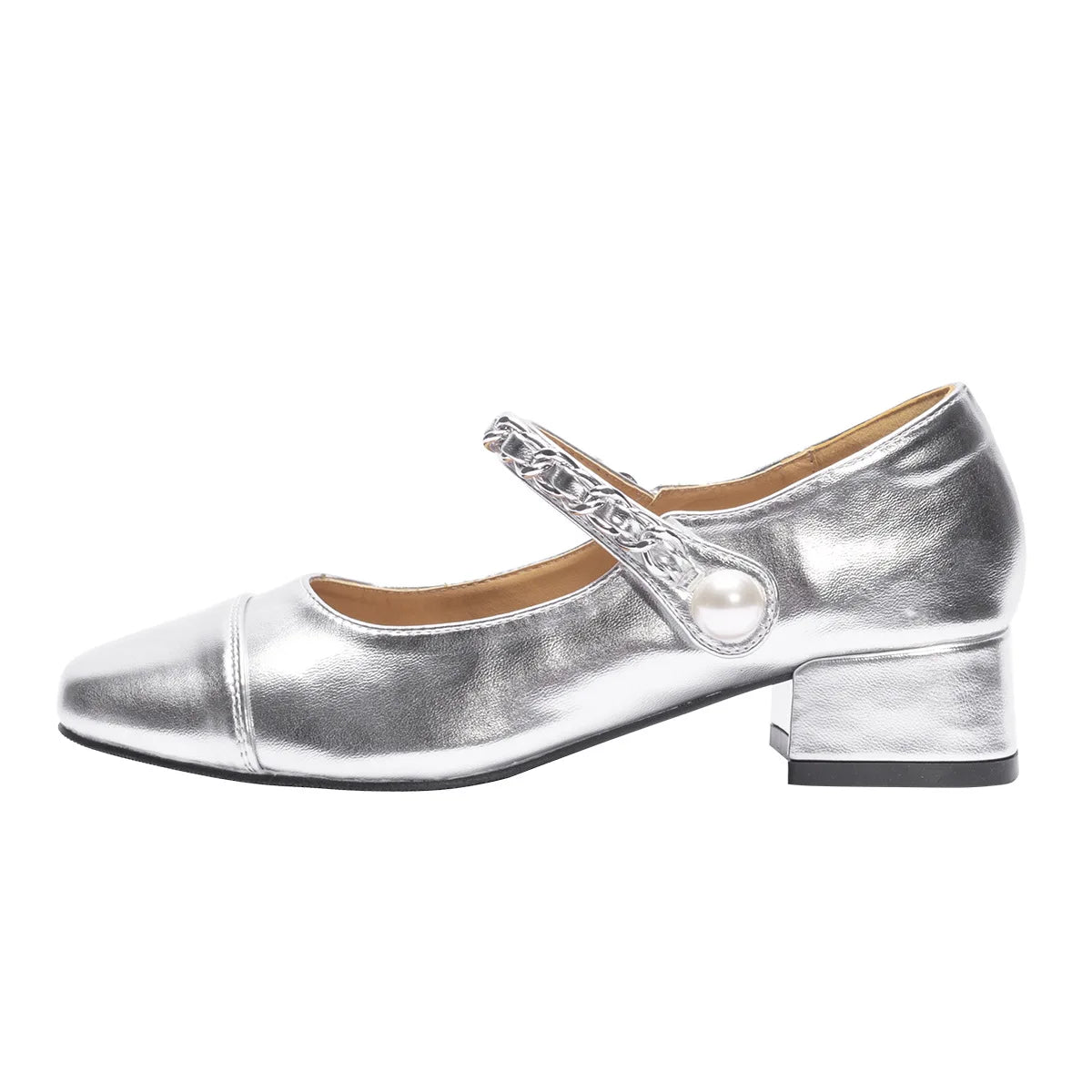 LBSFY  -  Women's Silver Mary Jane Shoes Square Head Pearl Shallow Mouth Thick Middle Heel Shoes Spring Summer New Style