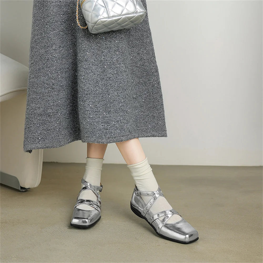 LBSFY  -  Shallow Rivet Low Heel Pumps Buckles Strap Decoration Punk Genuine Leather Women Pumps Fashion Party 2025 Spring Pumps