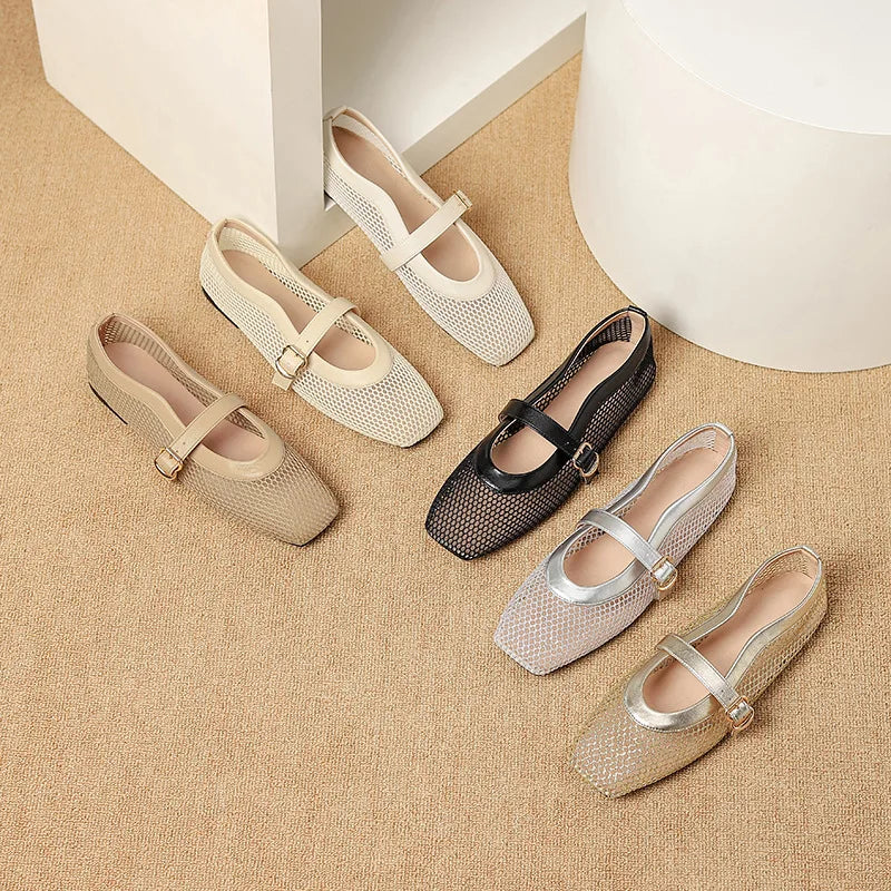 LBSFY  -  Fashion Square Toe Mesh Ballet Flats Buckle Strap Mary Janes Breathable Hollow Out Single Shoes Female Flat Bottom Casual Shoes