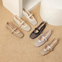 LBSFY  -  Fashion Square Toe Mesh Ballet Flats Buckle Strap Mary Janes Breathable Hollow Out Single Shoes Female Flat Bottom Casual Shoes
