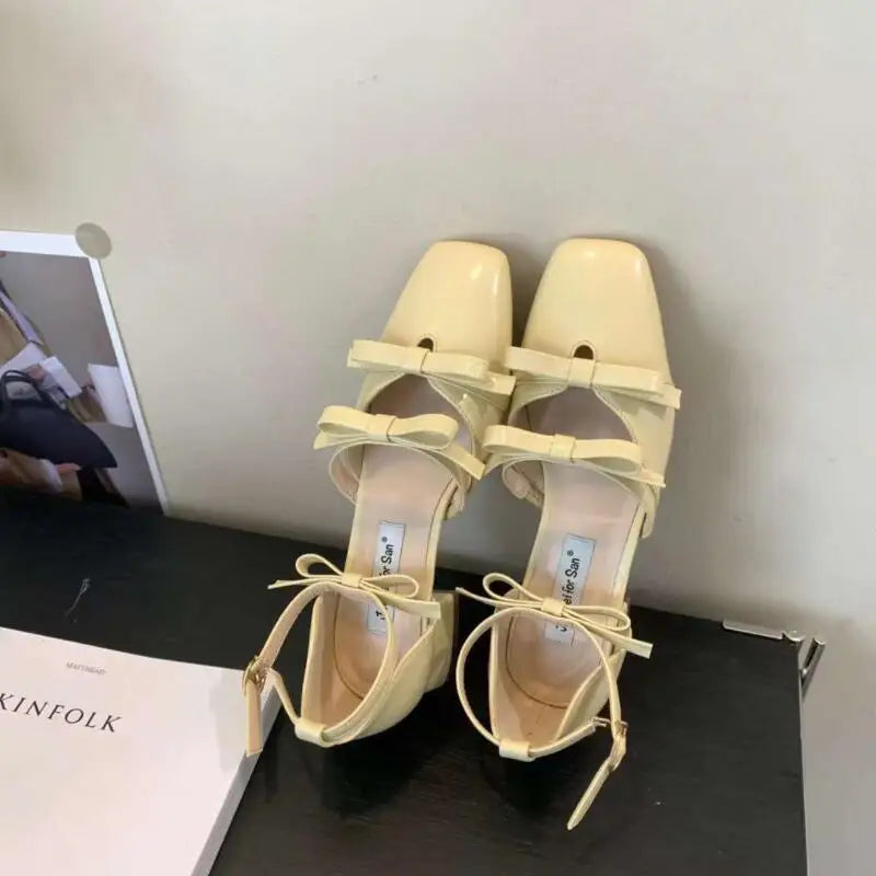 LBSFY  -  Butterfly Knot Square Toe Mule Shoes Thick Heels Shoes Female Shoes  Fashion Party Dress Sandals Woman Pumps New Mujer