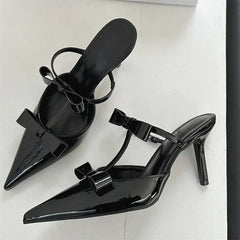 LBSFY -Spring Summer Butterfly-Knot Patent Leather Pointed Toe Women Slippers Fashion Thin Heels Elegant Pumps Mules Shoes