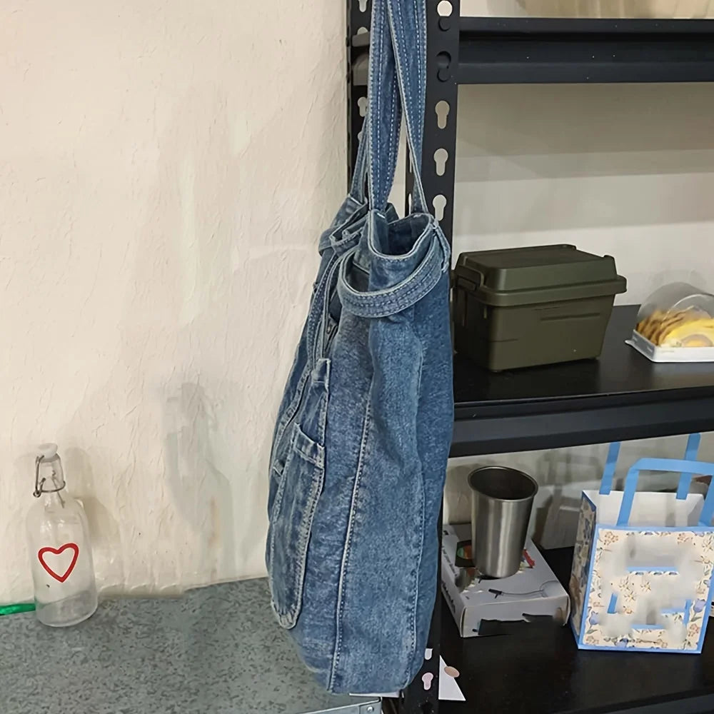 LBSFY -Casual Handbag Large Capacity Denim Tote Bag Fashion Everything High Appearance Level Shoulder Bag Commuter Underarm Bag