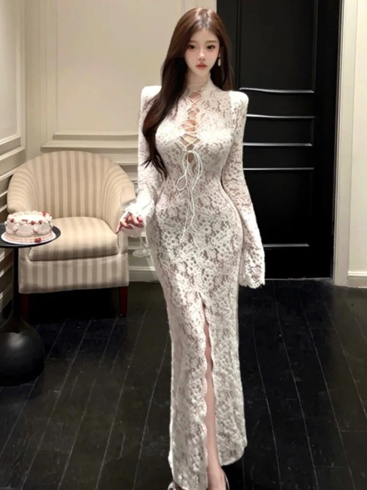 LBSFY -Autumn Sexy Long Sleeves Party Dress for Women Elegant Hollow Out Lace Bandage Bodycon Prom Vestidos Female Split Robe Outfits