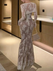 LBSFY -Elegant Bodycon Slim Lace Dress Women Sexy Vintage Casual Backless Bandage Party Dresses Female Fashion Long Robe Clothes Autumn