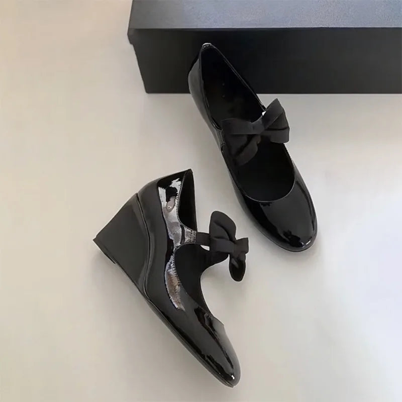 LBSFY  -  Slope Heel Single Shoes for Women 2024 New Spring Versatile Bright Bow Mary Jane Leather Shoes