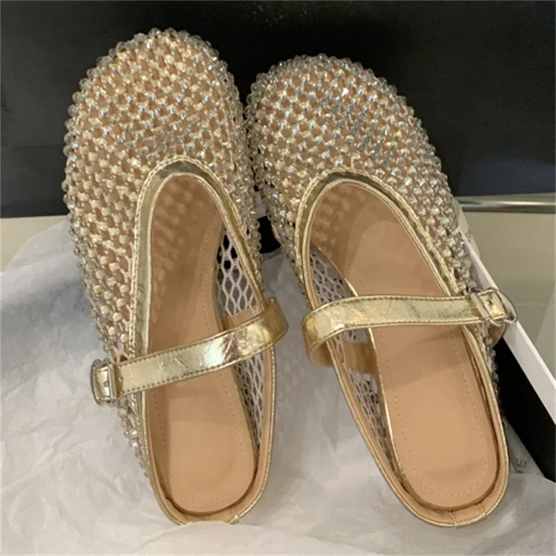 LBSFY -Mesh Hollow Out Buckle Strap Mules Slippers Women Fashion Elegant Round Toe Low Flat Heels Party Dress Shoes