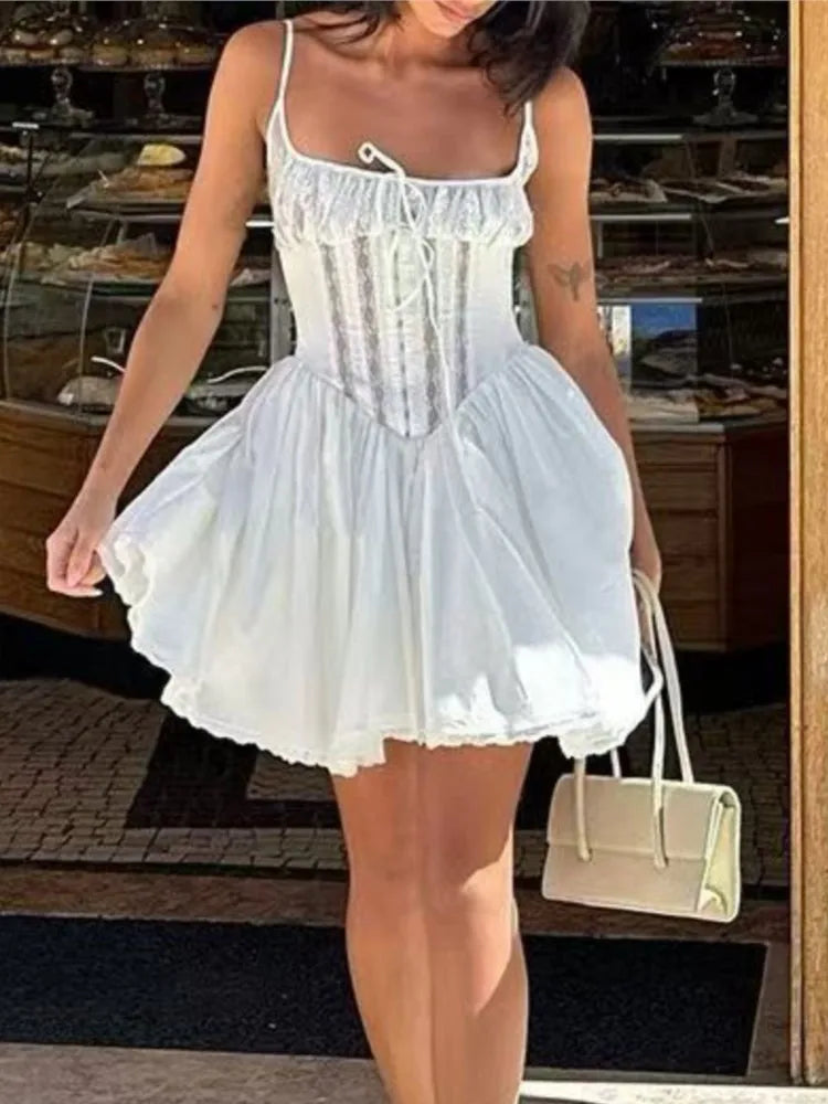 LBSFY -Sexy Hollow Lace Dresses For Woman Elegant Fashion A-Line Folds Spaghetti Strap Square Collar Ball Gown Dress 2025 Summer New