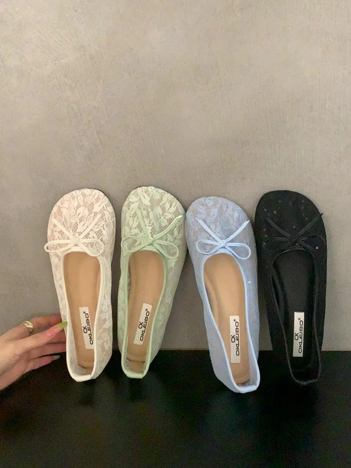 LBSFY -Summer Fashion Concise Round Head  Women Ballet Flats Low Heels Bow Mesh Party Slide Mules Casual Shoes Zapatos De Mujer